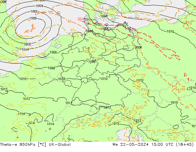 Theta-e 850hPa UK-Global śro. 22.05.2024 15 UTC