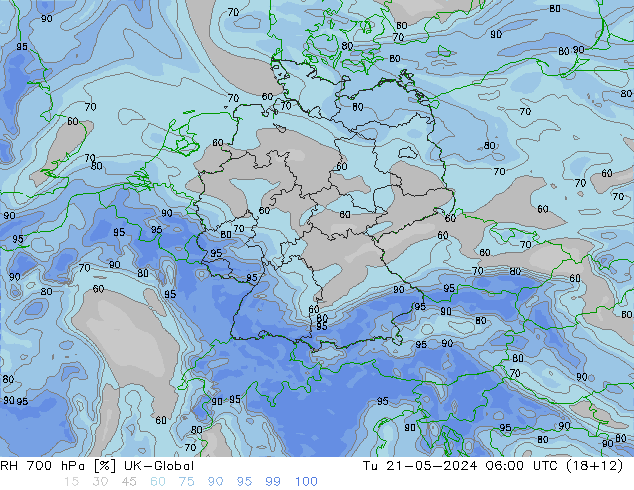 Humidité rel. 700 hPa UK-Global mar 21.05.2024 06 UTC