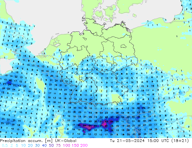 Precipitation accum. UK-Global Tu 21.05.2024 15 UTC