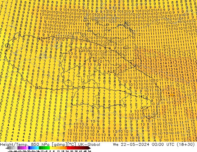 Géop./Temp. 850 hPa UK-Global mer 22.05.2024 00 UTC