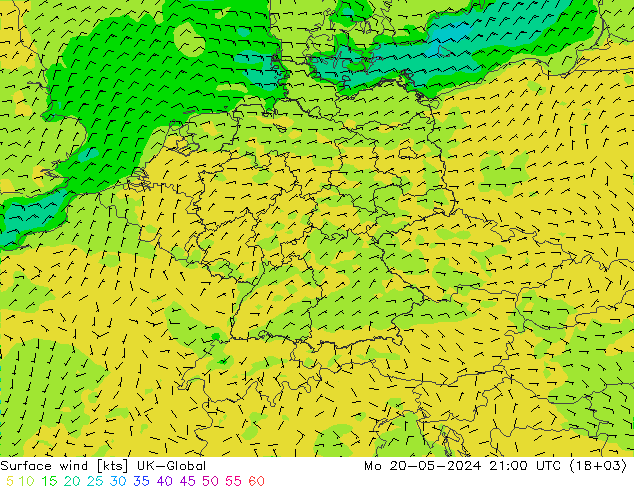 Surface wind UK-Global Mo 20.05.2024 21 UTC