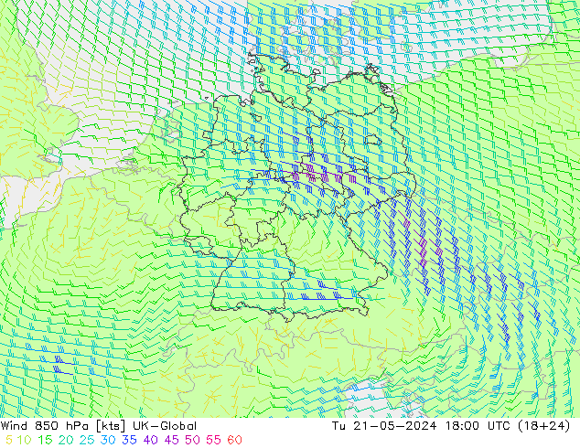 风 850 hPa UK-Global 星期二 21.05.2024 18 UTC
