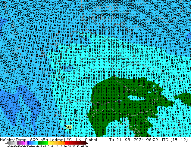 Hoogte/Temp. 500 hPa UK-Global di 21.05.2024 06 UTC