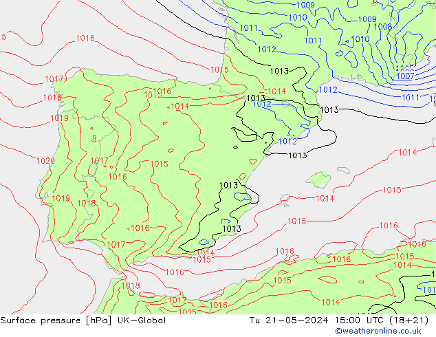 Surface pressure UK-Global Tu 21.05.2024 15 UTC