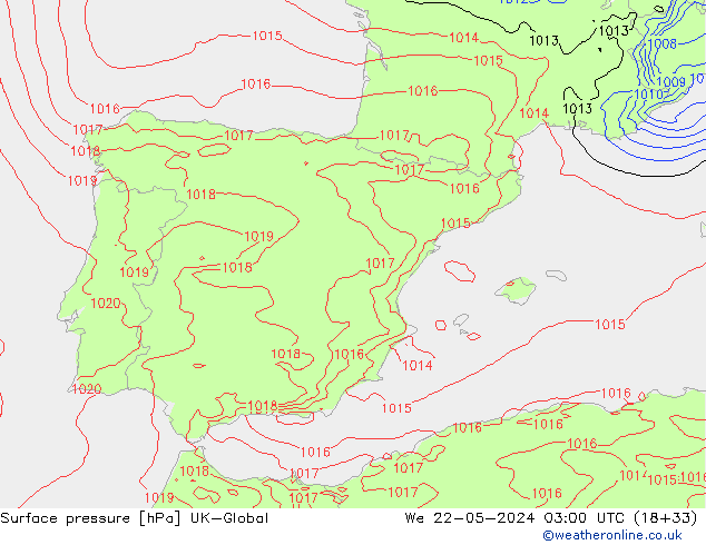 Pressione al suolo UK-Global mer 22.05.2024 03 UTC