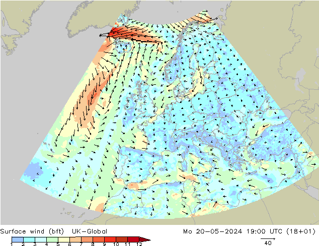 Surface wind (bft) UK-Global Mo 20.05.2024 19 UTC
