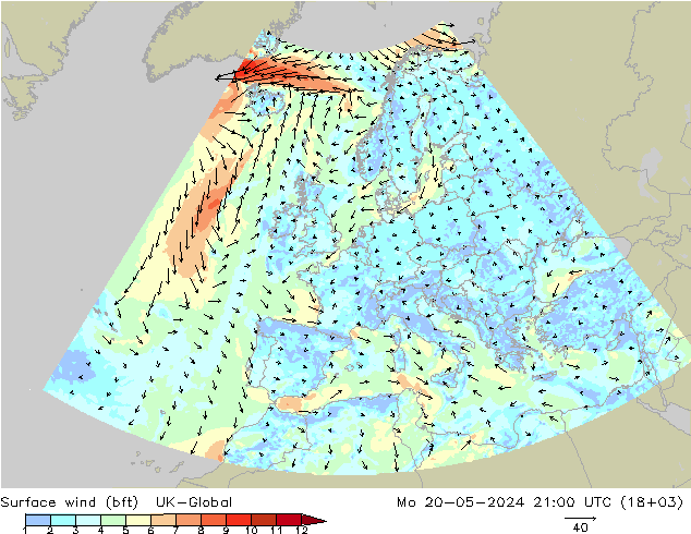 Surface wind (bft) UK-Global Po 20.05.2024 21 UTC