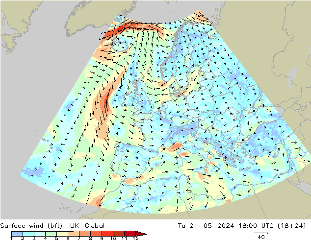 Surface wind (bft) UK-Global Tu 21.05.2024 18 UTC