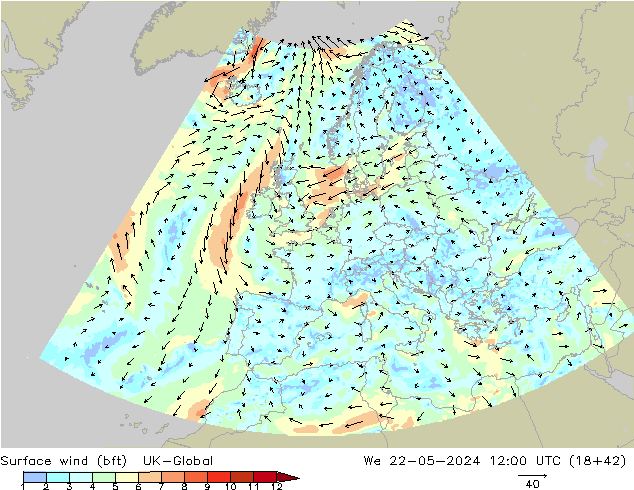 Surface wind (bft) UK-Global St 22.05.2024 12 UTC