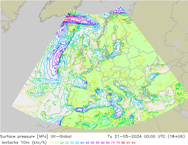 10米等风速线 (kph) UK-Global 星期二 21.05.2024 00 UTC