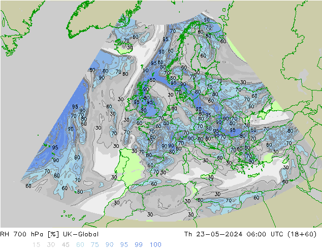 Humidité rel. 700 hPa UK-Global jeu 23.05.2024 06 UTC