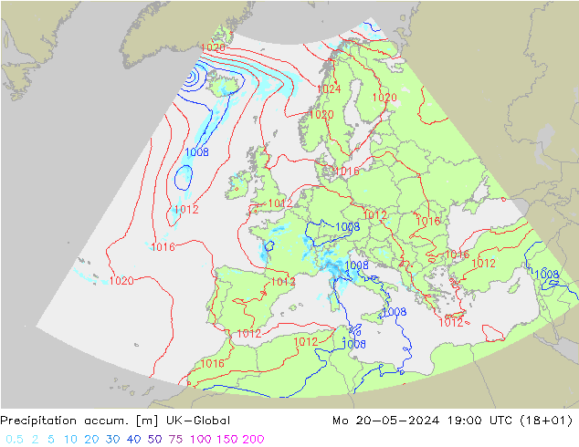 Precipitation accum. UK-Global Mo 20.05.2024 19 UTC