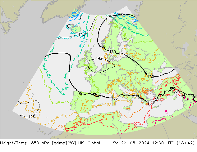 Height/Temp. 850 hPa UK-Global We 22.05.2024 12 UTC