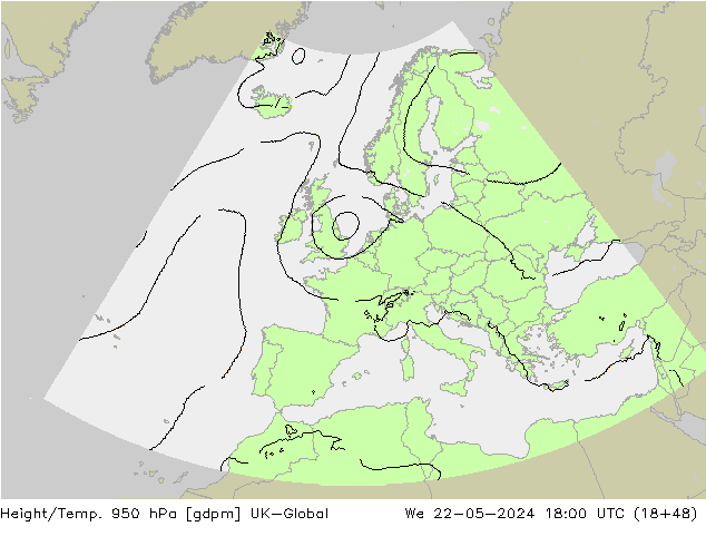 Hoogte/Temp. 950 hPa UK-Global wo 22.05.2024 18 UTC