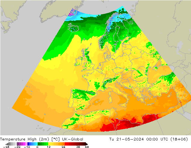 Max.temperatuur (2m) UK-Global di 21.05.2024 00 UTC
