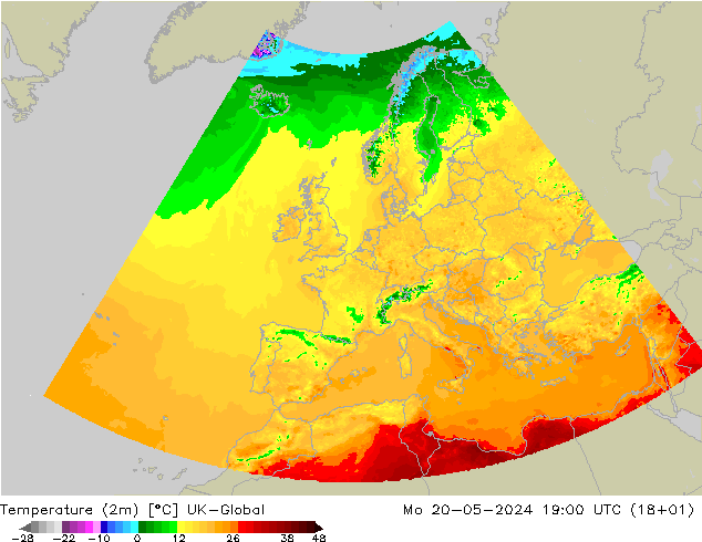 Temperaturkarte (2m) UK-Global Mo 20.05.2024 19 UTC