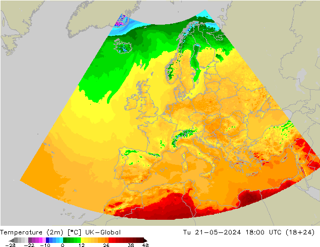 Temperatuurkaart (2m) UK-Global di 21.05.2024 18 UTC