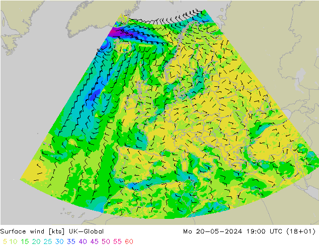 Surface wind UK-Global Mo 20.05.2024 19 UTC