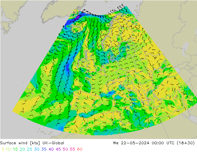 Surface wind UK-Global We 22.05.2024 00 UTC