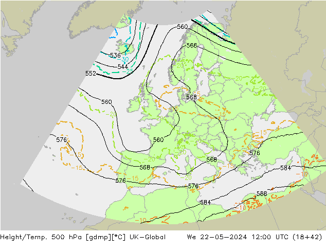 Yükseklik/Sıc. 500 hPa UK-Global Çar 22.05.2024 12 UTC