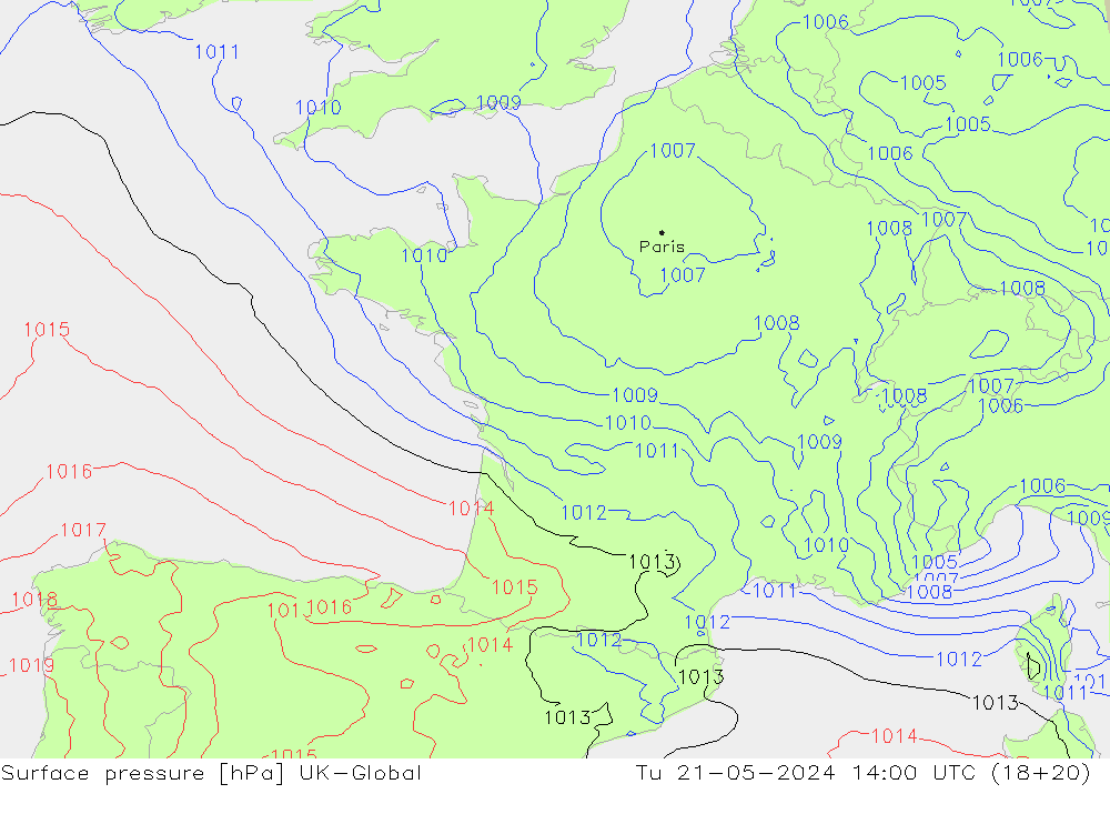 Surface pressure UK-Global Tu 21.05.2024 14 UTC
