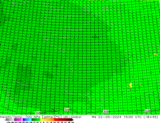 Height/Temp. 700 hPa UK-Global  22.05.2024 15 UTC