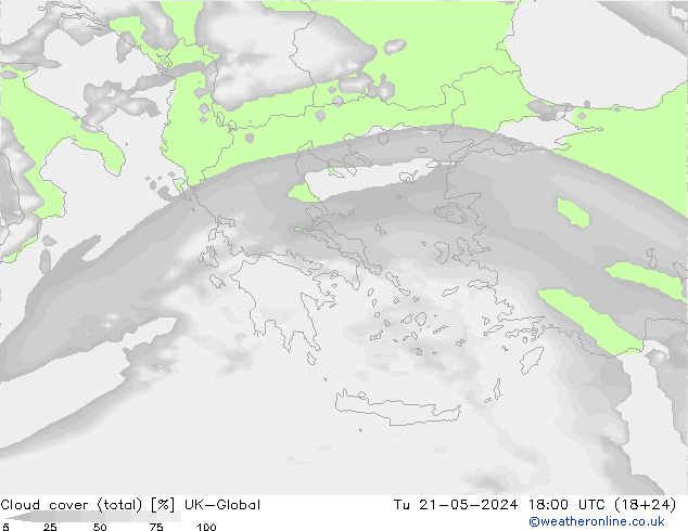 Cloud cover (total) UK-Global Tu 21.05.2024 18 UTC