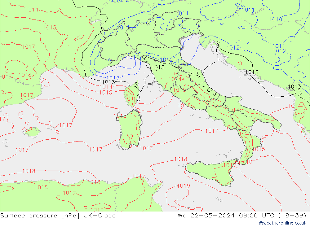 Surface pressure UK-Global We 22.05.2024 09 UTC