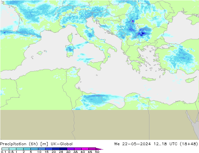 Precipitation (6h) UK-Global St 22.05.2024 18 UTC