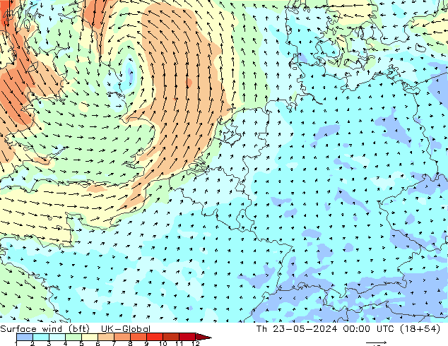 Surface wind (bft) UK-Global Th 23.05.2024 00 UTC