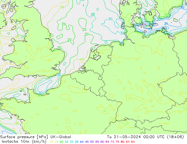 Isotachen (km/h) UK-Global Di 21.05.2024 00 UTC