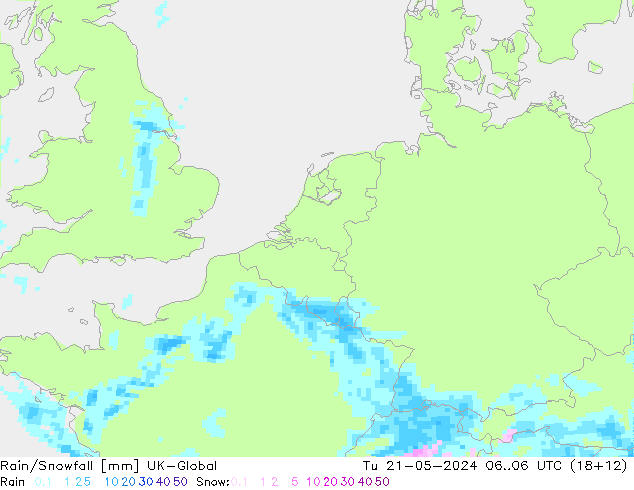 Rain/Snowfall UK-Global Út 21.05.2024 06 UTC