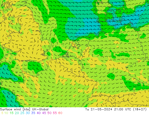 Surface wind UK-Global Tu 21.05.2024 21 UTC