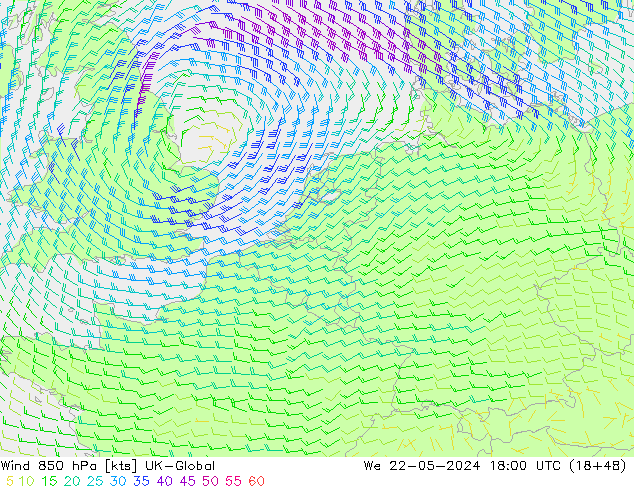 Vento 850 hPa UK-Global Qua 22.05.2024 18 UTC