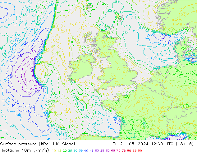 Isotachs (kph) UK-Global mar 21.05.2024 12 UTC