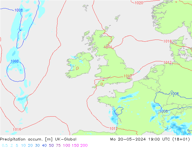 Precipitation accum. UK-Global pon. 20.05.2024 19 UTC