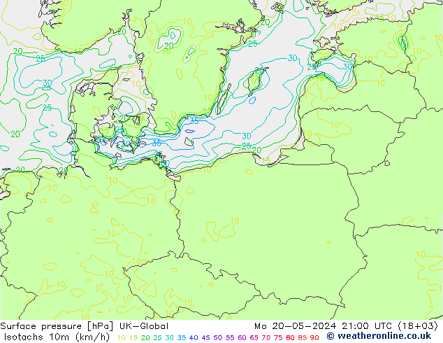 Isotachs (kph) UK-Global lun 20.05.2024 21 UTC