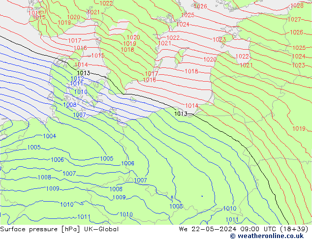 Pressione al suolo UK-Global mer 22.05.2024 09 UTC