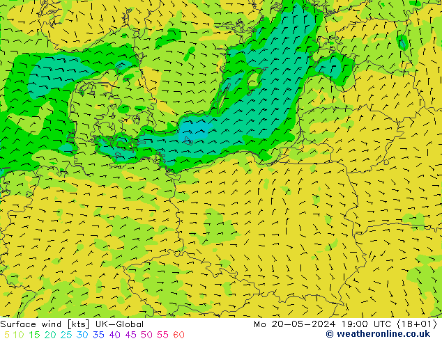 Surface wind UK-Global Mo 20.05.2024 19 UTC