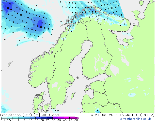 降水量 (12h) UK-Global 星期二 21.05.2024 06 UTC