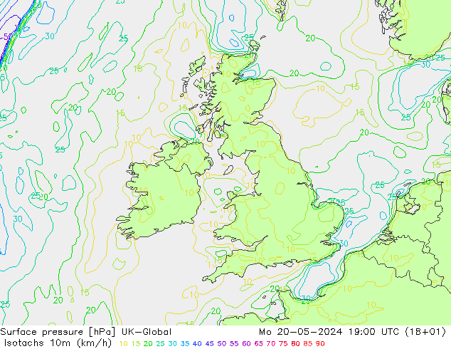 Izotacha (km/godz) UK-Global pon. 20.05.2024 19 UTC