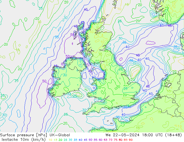 Eşrüzgar Hızları (km/sa) UK-Global Çar 22.05.2024 18 UTC