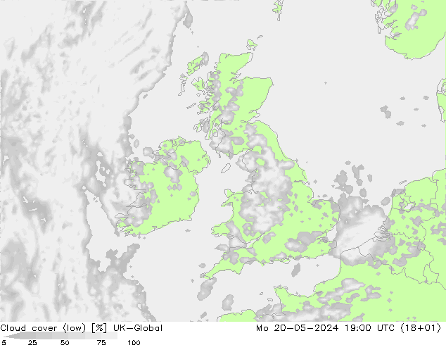 zachmurzenie (niskie) UK-Global pon. 20.05.2024 19 UTC