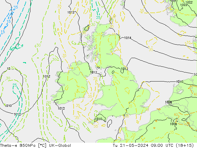 Theta-e 850hPa UK-Global mar 21.05.2024 09 UTC