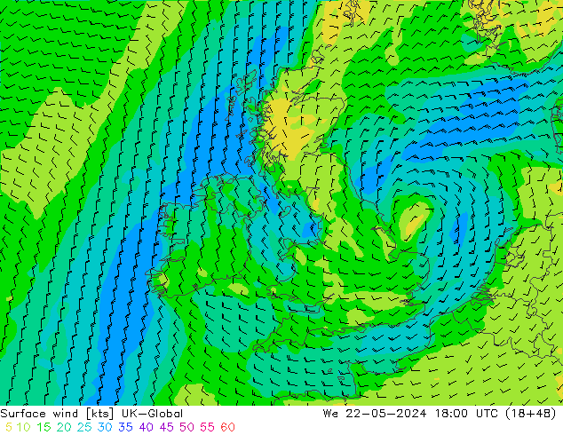 Surface wind UK-Global We 22.05.2024 18 UTC