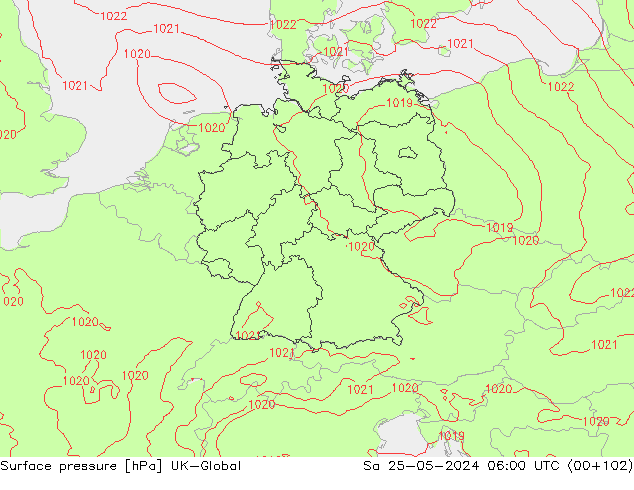 Presión superficial UK-Global sáb 25.05.2024 06 UTC