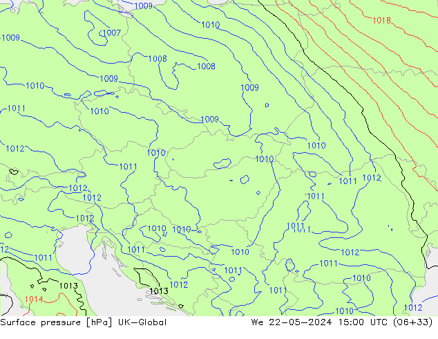 Pressione al suolo UK-Global mer 22.05.2024 15 UTC