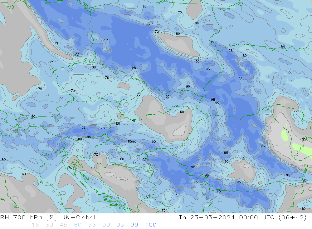 Humedad rel. 700hPa UK-Global jue 23.05.2024 00 UTC