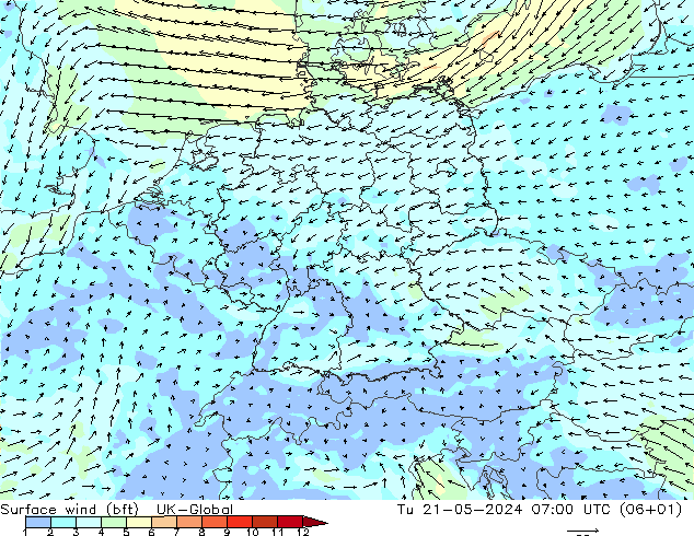 Surface wind (bft) UK-Global Út 21.05.2024 07 UTC
