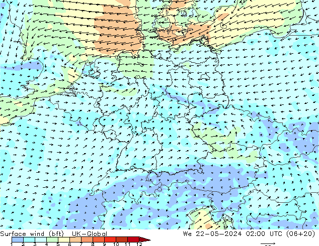 wiatr 10 m (bft) UK-Global śro. 22.05.2024 02 UTC